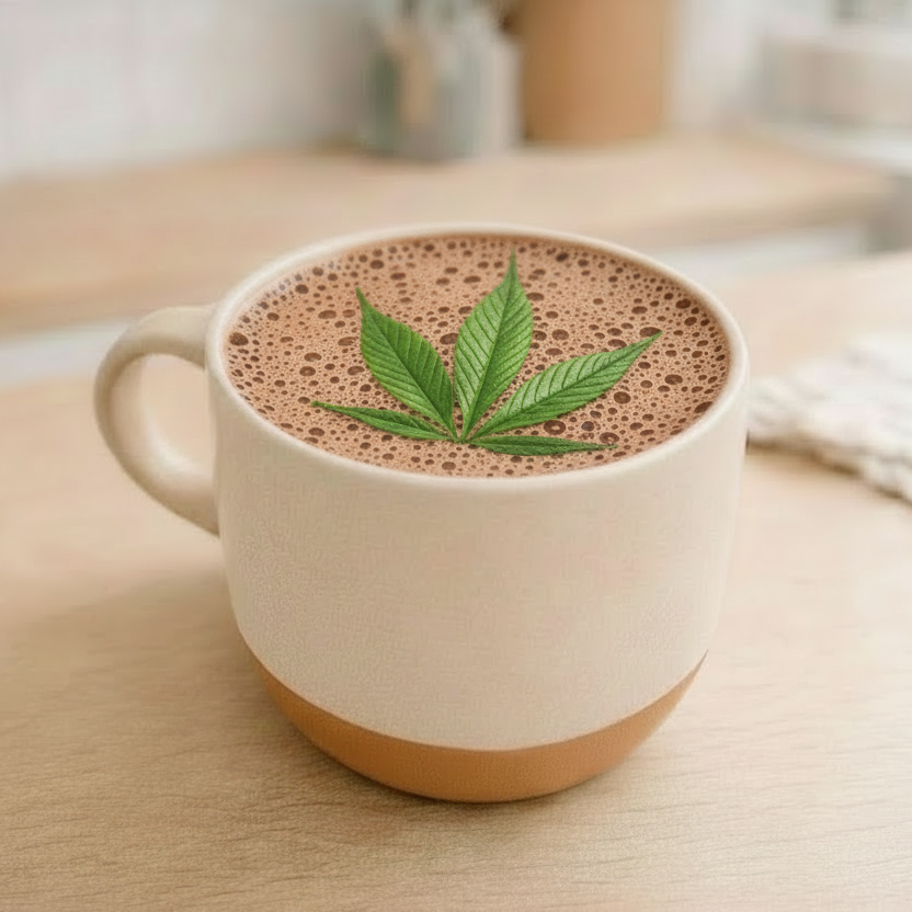 Cup of hot chocolate with a cannabis leaf on top, placed on a wooden surface.
