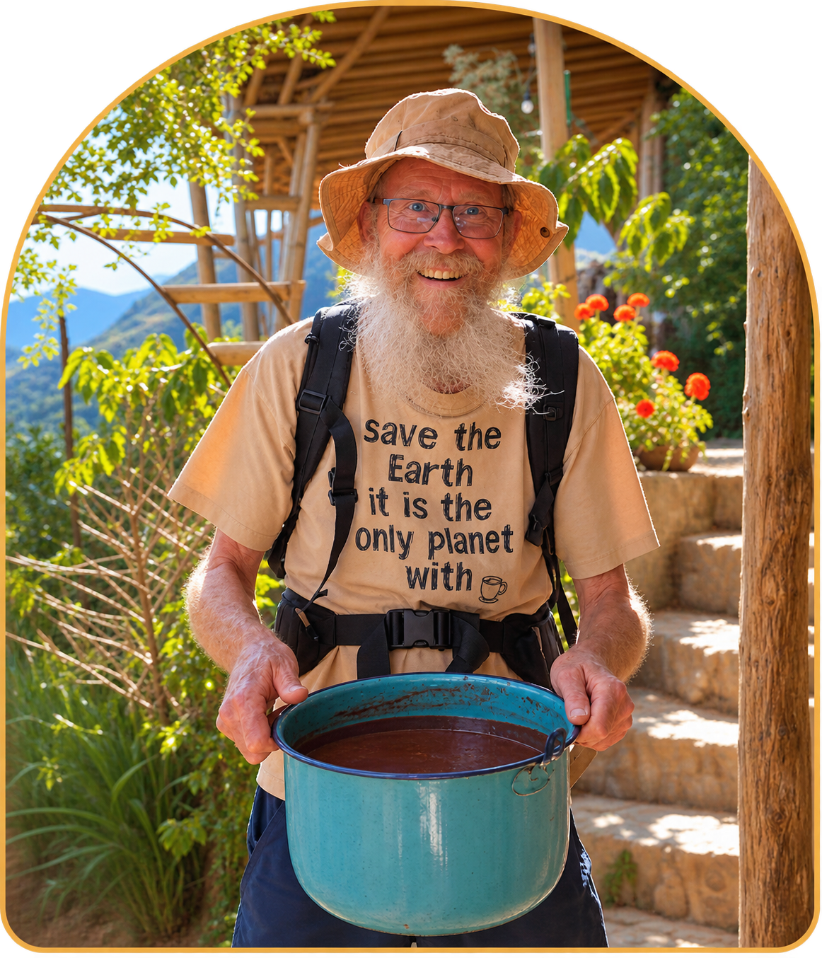 Keith Wilson, with his long white beard and glasses, stands on stone steps outside his famous porch in San Marcos, Lake Atitlán, holding a turquoise enamel pot filled with ceremonial cacao. He wears a tan hat, glasses, a beige graphic T-shirt that reads 'save the Earth it is the only planet with chocolate', and a black backpack.